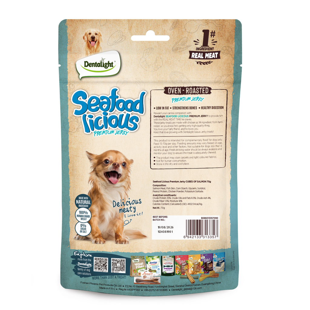 Dentalight Seafood Licious Jerky Treats For Dogs-Cube of Salmon 70g