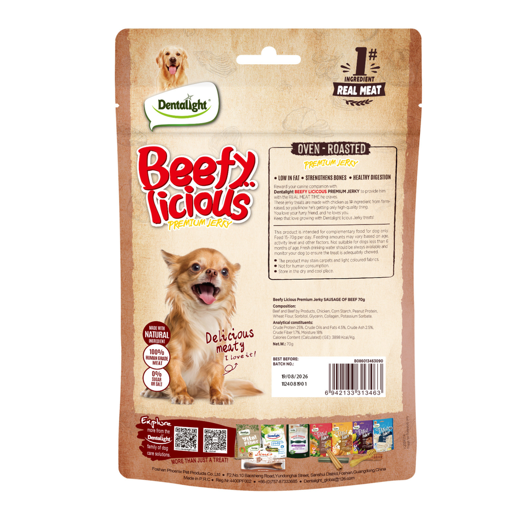 Dentalight Beefy Licious Jerky Treats For Dogs-Sausage of Beef 70g