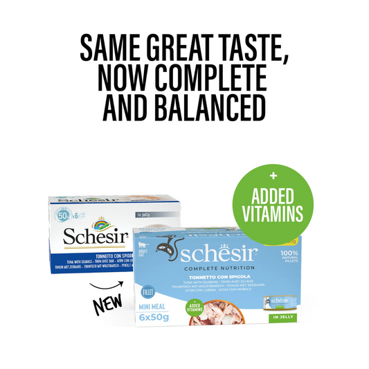 Schesir Complete & Balanced Nutrition Wet Cat Food in Jelly Can[Multi pack]- Tuna With Seabass-(6X50g)